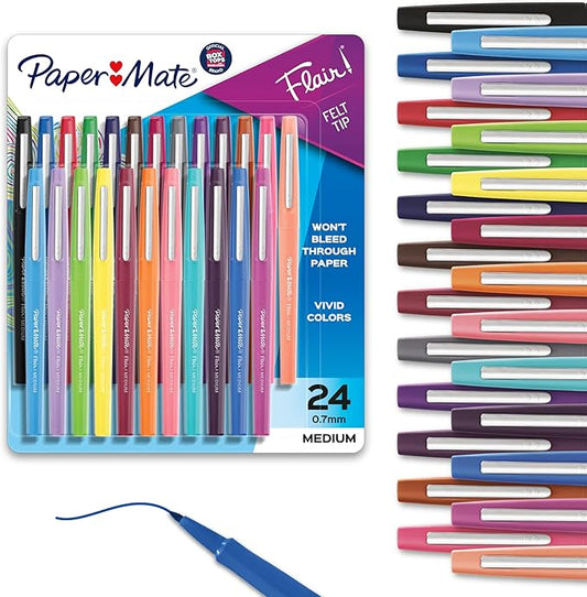 Paper Mate Felt Tip Pens, Flair Marker Pens, Medium Point, Assorted, 24 Count