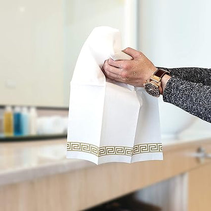 Decorative Hand Towels, Gold design 50 Disposable Linen-Feel Guest Towels  Formal Dinner, Anniversary, Wedding Napkins for Tables, Guestrooms, Restrooms, 8.5x4-Inches Folded, Gold 50 Pack