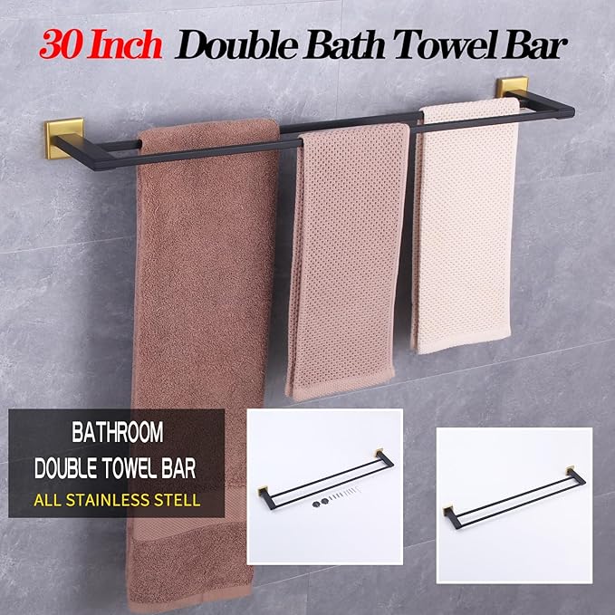 GERZWY 30 Inch Double Towel Bar Rack, Stainless Steel Modren Square Towel Holder for Bathroom Kitchen Wall Mounted (Black  Gold) JG1902C75-BD