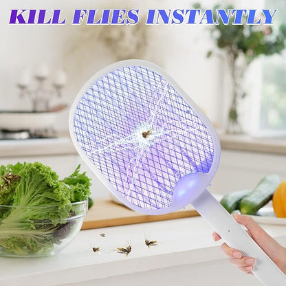 Qualirey Pack of 2 3 in 1 electric fly swatters, foldable, 3000 V, hand mosquito killer with USB rechargeable base, fly swatter and mosquito trap, indoor pendant lamp and