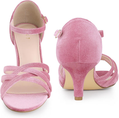 Perphy Kitten Heels Sandals Velvet Strappy Heeled Dance Shoes for Women
