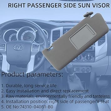 Dasbecan Right Passenger Side Sun Visor Compatible with Toyota Tacoma 2005 2006 2007 2008 2009 2010 2011 2012 2013 2014 2015 Visor Assembly Without Light 74310-04081-B0 Gray
