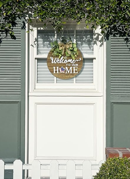 Interchangeable Seasonal Welcome Sign Front Door Decoration, Rustic Round Wood Wreaths Wall Hanging Outdoor, Farmhouse, Porch, for Spring Summer Fall All Seasons Holiday Halloween Christmas.