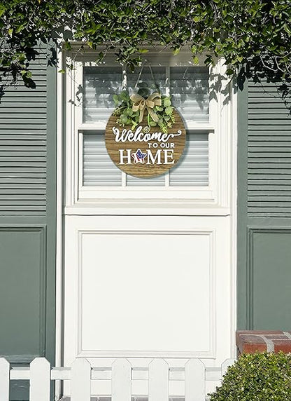 Interchangeable Seasonal Welcome Sign Front Door Decoration, Rustic Round Wood Wreaths Wall Hanging Outdoor, Farmhouse, Porch, for Spring Summer Fall All Seasons Holiday Halloween Christmas.