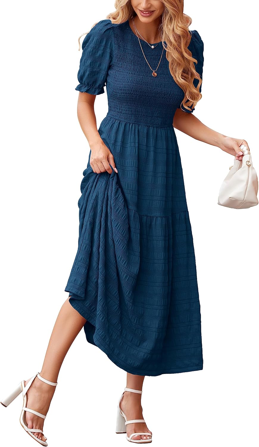 dowerme Womens Summer Dresses 2025 Casual Puff Short Sleeve Crewneck Smocked Flowy Ruffle Boho Beach Party Maxi Sundress