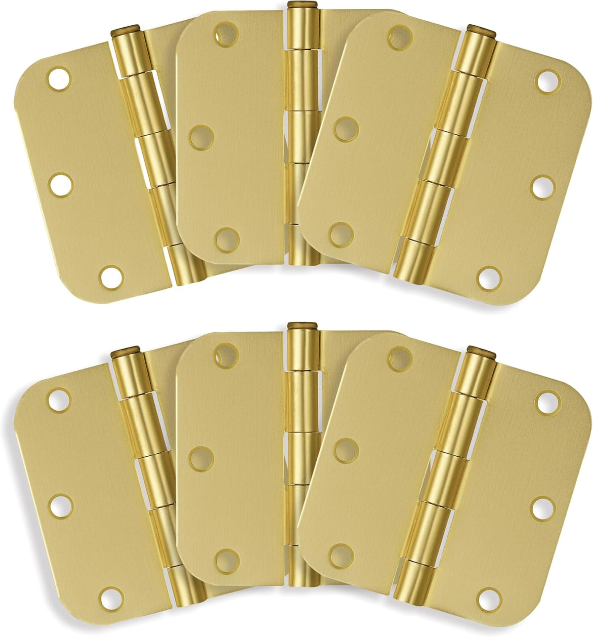 Design House 6-Pack 3.5-Inch x 3.5-Inch Interior Door Hinges with 5/8-Inch Radius, Satin Brass, Heavy Duty Steel Construction, Left- or Right-Handed – (No Screws Included)