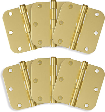 Design House 6-Pack 3.5-Inch x 3.5-Inch Interior Door Hinges with 5/8-Inch Radius, Satin Brass, Heavy Duty Steel Construction, Left- or Right-Handed – (No Screws Included)