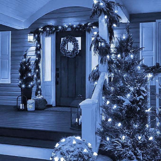 Dazzle Bright C9 white Christmas lights for outdoors, 50 33-foot LED lights, waterproof, green wire, fairy lights for indoor and outdoor, for Christmas tree, patio
