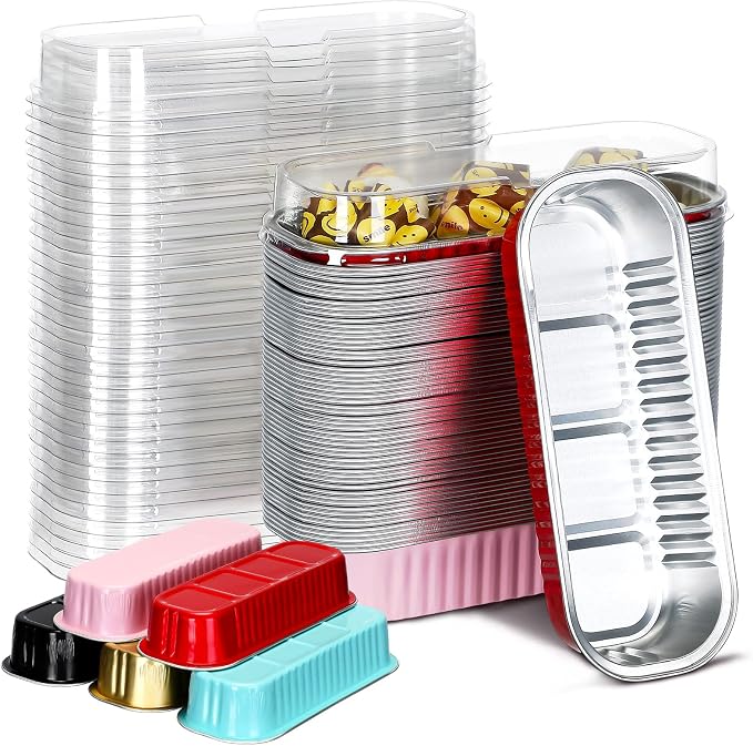 Qunclay 92 Pcs Aluminum Foil Mini Loaf Pans with Lids 6.8 oz Disposable Mini Cake Pan with Lid Rectangle Baking Cups for Party Muffin Cheesecake Ramekins(Multicolor)