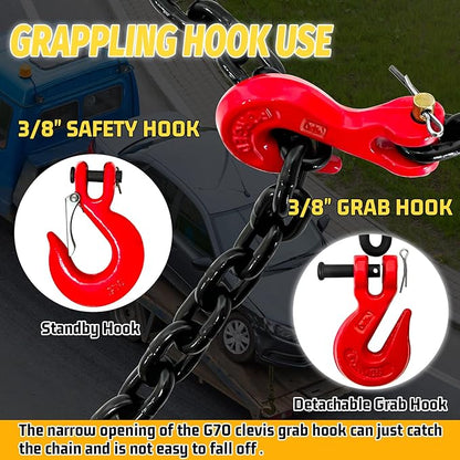 3/8" Transport Binder Chain-G80 Heavy Duty Log Chain with G70 Hooks Wll 7100 lbs|10FT Safety Tow Chains Towing Trailer Extension|Secure Working Load for Tie-Down&Lifting&Flatbed (EP Black)
