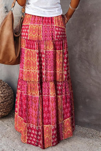 Happy Sailed Womens Floral Print Boho Maxi Skirt Elastic High Waist Pleated Ruffle Flowy Long Skirts S-XL