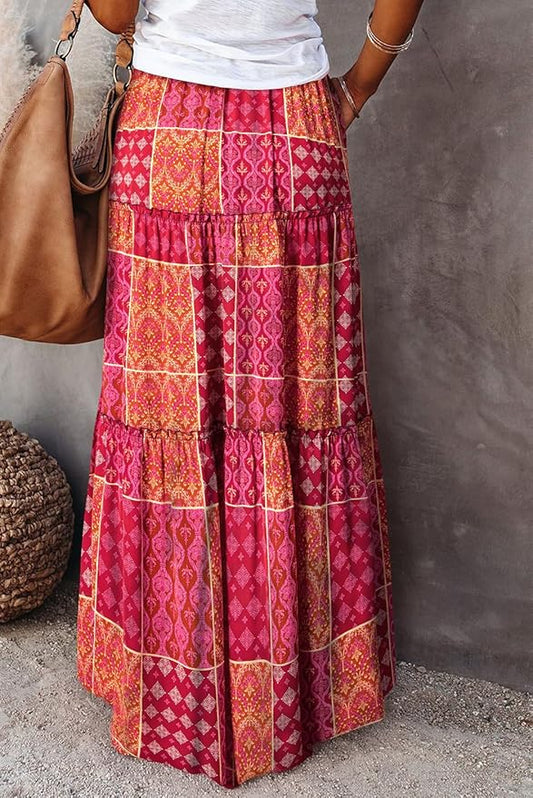 Happy Sailed Womens Floral Print Boho Maxi Skirt Elastic High Waist Pleated Ruffle Flowy Long Skirts S-XL