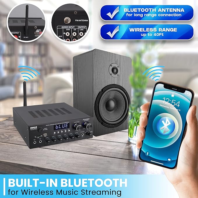 Pyle Stereo Amplifier Audio Receiver with Remote Control - Bluetooth Streaming, MP3/USB/SD/FM Radio, 2.0 Channel HiFi Sound System with RCA/Aux Inputs, Microphone & Headphone Jacks, Adjustable Bass