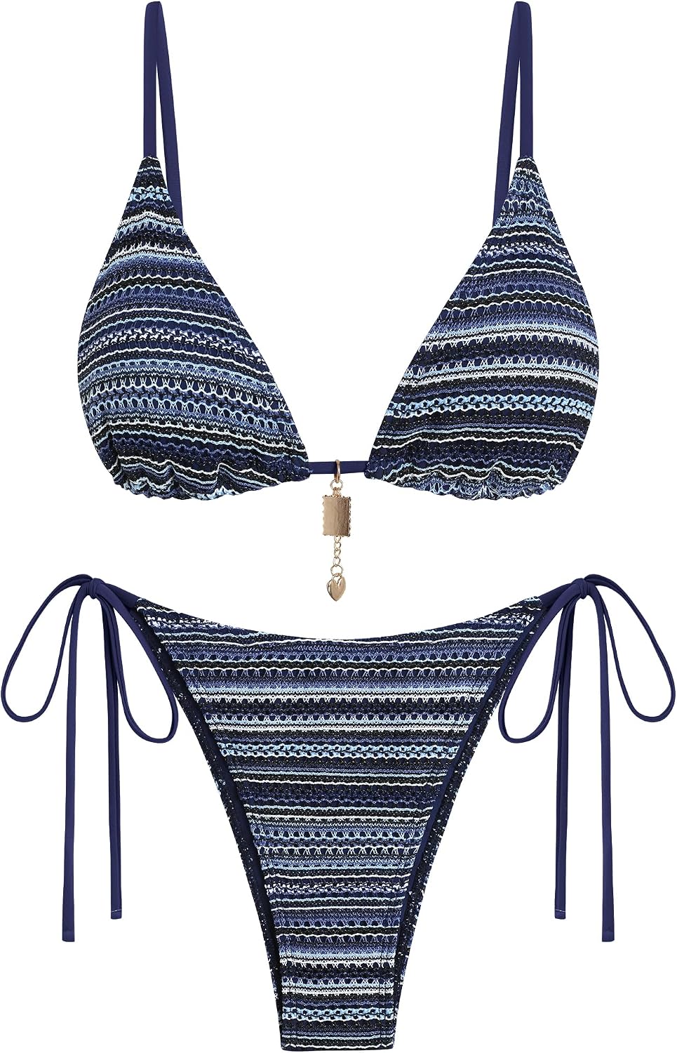 ZAFUL Crochet Bikini Bra Women Cheeky Boho Bathing Suits Striped Brazilian High Cut Thong Bikini Swimsuit for Vacation