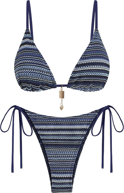 ZAFUL Crochet Bikini Bra Women Cheeky Boho Bathing Suits Striped Brazilian High Cut Thong Bikini Swimsuit for Vacation