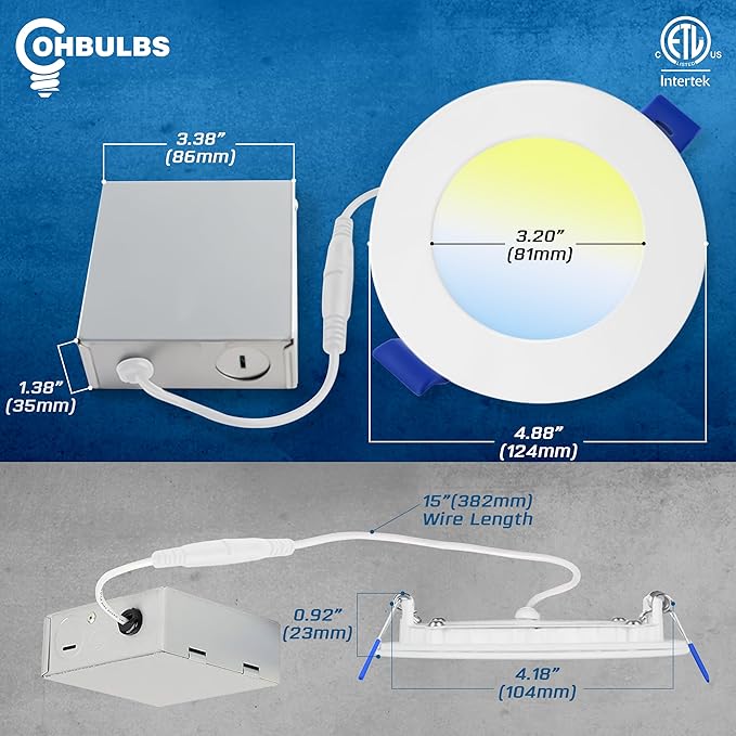 4 Inch Ultra-Thin LED Recessed Light with Junction Box (6 Pack) Dimmable Canless Wafer Downlight, 5CCT Selectable (2700K5000K) Adjustable Wattage, 1050LM High Brightness, ETLFCC Certified
