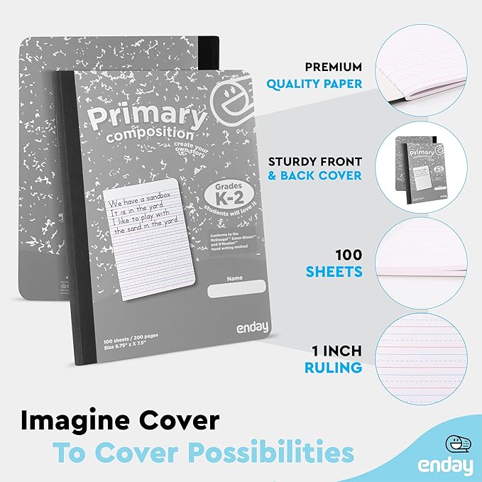 Enday Primary Composition Notebook K-2, Primary Ruled Composition Book, Primary Composition Notebook for Kids, 100 Sheets kindergarten Notebook, Red and Grey (2 Pack)