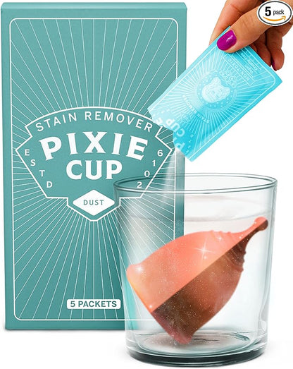 Pixie Cup Stain Remover for Wash Menstrual Cup - The Only Sterilizer Cleaner that Will Remove Stains On Your Reusable Menstrual Discs  Period Cups - Organic and Natural Ingredients (5 Packets)