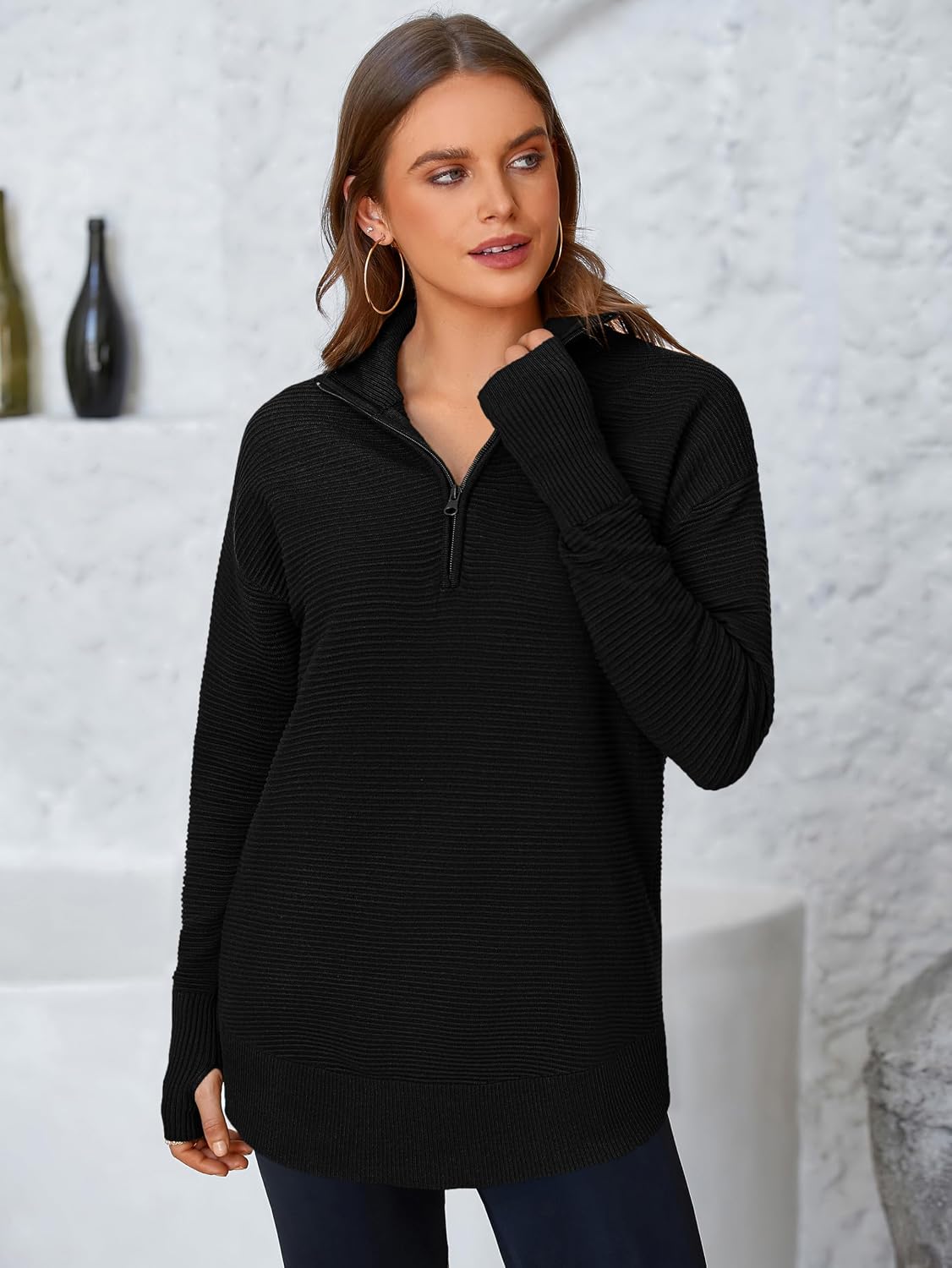 Womens Long Sleeve Quarter Zip Pullover Sweater Casual Loose V Neck Collared Ribbed Knit Jumper Tops Thumb Hole