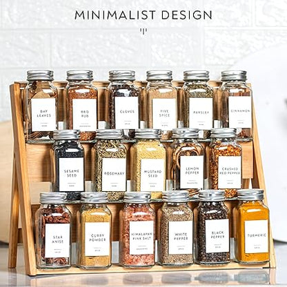 Laramaid 6oz 30Pack Glass Jars with Minimalist White Spice Labels, Shaker Lids Dispenser with Airtight Silver Metal Caps, Black Pen, Cleaning Brush  Collapsible Silicone Funnel