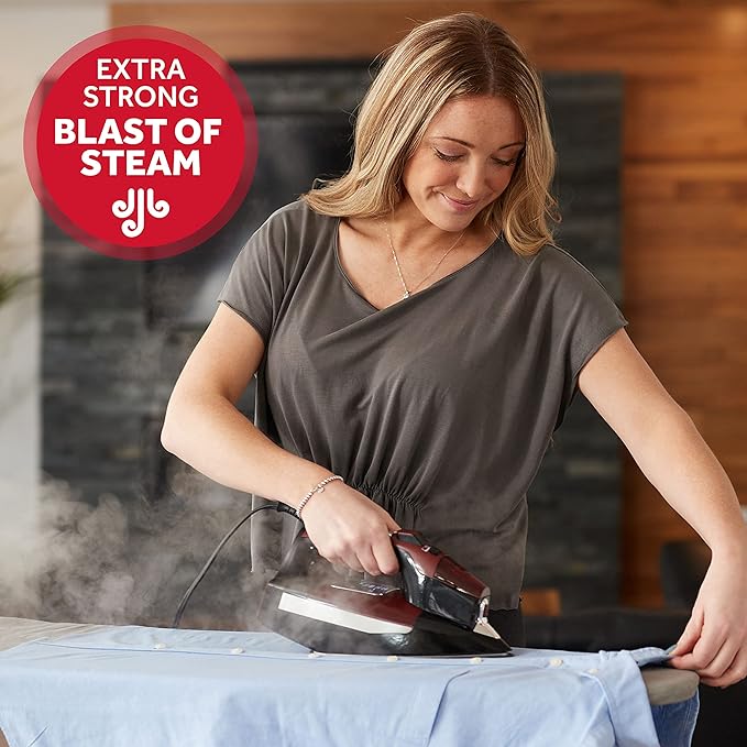 Sunbeam Professional Steam Iron, 1700 Watt, Large Nonstick Ceramic Soleplate, Horizontal or Vertical Shot of Steam, Self Cleaning, Large LED Screen and Bright LED Lights, 8' Swivel Cord, BlackRed