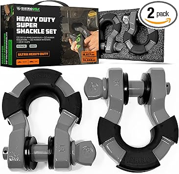 Rhino USA Super D Ring Shackles (2-Pack) - 70,548lb Break Strength  Heavy Duty 34" Clevis Shackle with 78 Pin for Towing  Off-Road Use - Pairs with Tow Strap for Vehicle Recovery (Gray)