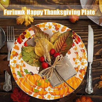 Furimuk 20 Pcs Happy Thanksgiving Disposable Paper Plates Fall Leaf Pumpkin Turkey Orange Harvest Theme Dinner Dessert Plate Tableware for Birthday Wedding Thanksgiving Party Supplies (7")