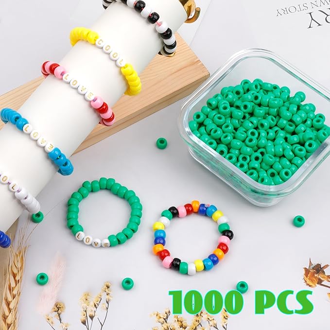 1000Pcs Pony Beads Bracelet 9mm Green Plastic Barrel Pony Beads for Necklace,Hair Beads for Braids,Key Chain,Jewelry Making (Green)