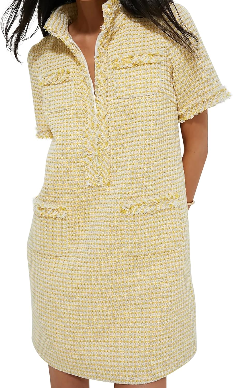 COZYPOIN Womens Tweed Mini Dress Elegant V Neck Short Sleeve Business Shift Dresses for Work Casual 2026 Fashion