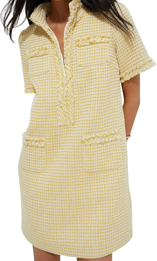 COZYPOIN Womens Tweed Mini Dress Elegant V Neck Short Sleeve Business Shift Dresses for Work Casual 2026 Fashion