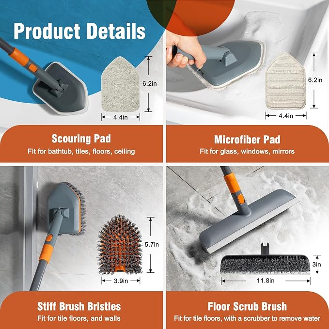 CLEANHOME Floor Scrub Brush Tile Tub Scrubber Brush 4 Different Cleaning Heads, Shower Brush, 56" Extendable Long Handle, For Kitchen, Bathroom, Tub, Tile, Wall