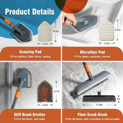 CLEANHOME Floor Scrub Brush Tile Tub Scrubber Brush 4 Different Cleaning Heads, Shower Brush, 56" Extendable Long Handle, For Kitchen, Bathroom, Tub, Tile, Wall