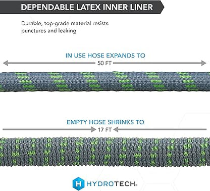 HydroTech 50 ft Expandable Garden Hose with Patented Force Control Technology - 58" No-Kink Flexibility, Lightweight Hose for Lawn, Garden, Car Washing, Deck and Patio Cleaning
