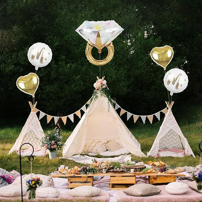 5Pcs Diamond Ring Wedding Balloons,White Mr Aluminum Foil Balloons Gold Heart Mylar Balloons for Wedding, Marriage Engagement, Bridal Shower Party Decorations