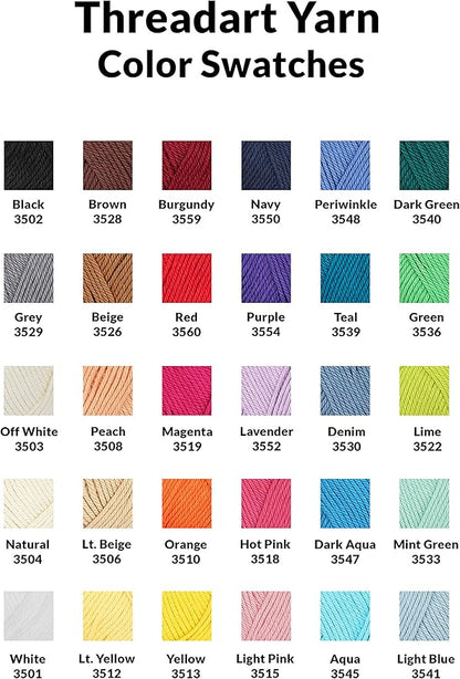 Threadart 100% Pure Cotton Crochet Yarn | 50 gram Skeins | Worsted Medium #4 Yarn | 85 yds per Skein | 30 Colors Available | Navy #3550