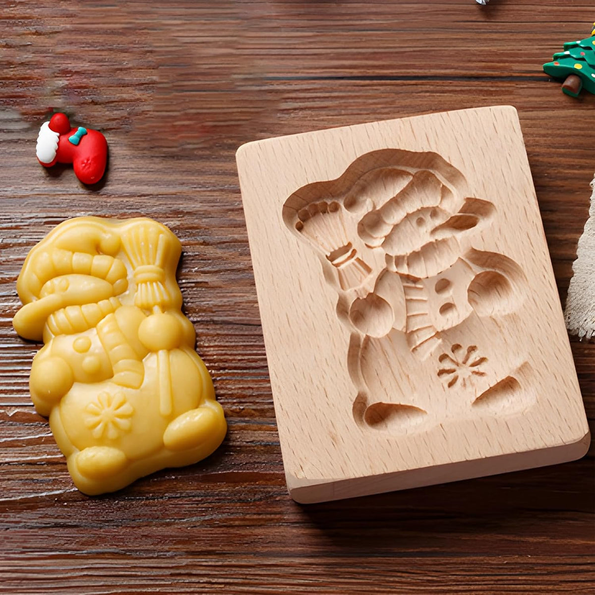 Cookie Cutter Embossing Mold, DIY Wooden Cookie Molds, 3D Carved Wooden Cracke Molds, Christmas Cookie Stamps, Baking Kitchen Tools for Christmas Thanksgiving Halloween Easter (Snowman)