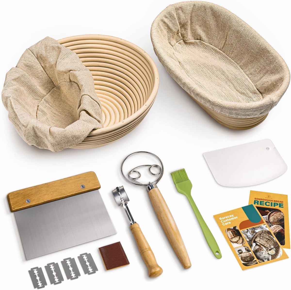 RORECAY Bread Banneton Proofing Basket Set, 9 Inch Round & 10 Inch Oval Cane Sourdough Baskets with Dough Whisk Bread Lame Dough Scraper Bowl Scraper Silicone Brush Sourdough Bread Baking Supplies