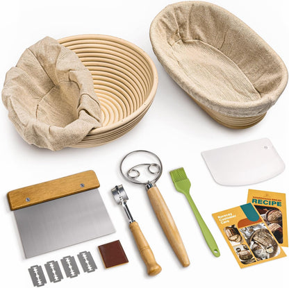 RORECAY Bread Banneton Proofing Basket Set, 9 Inch Round & 10 Inch Oval Cane Sourdough Baskets with Dough Whisk Bread Lame Dough Scraper Bowl Scraper Silicone Brush Sourdough Bread Baking Supplies