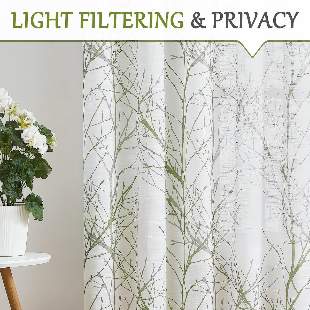 FMFUNCTEX Linen Semi Sheer Curtains for Bedroom, Sage Green White Curtains 84 Inches Long for Living Room, Grey Tree Branch Print Curtain Light Filtering Farmhouse Window Drapes, Grommet Top 2 Panels
