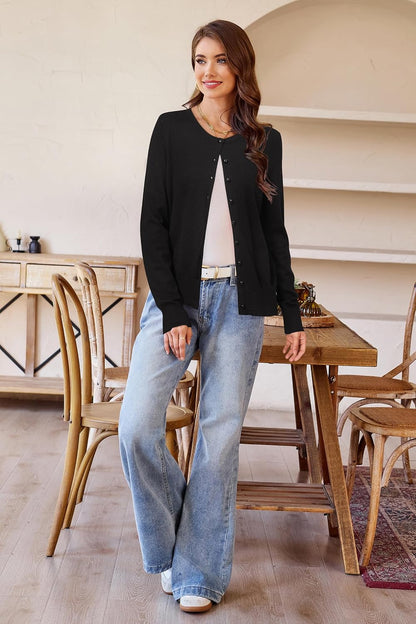 Women's Lightweight Button Down Cardigan Long Sleeve Casual Crew Neck Soft Knit Cardigans Sweater Tops
