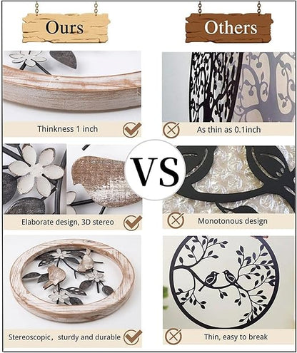 2 Pieces Ultra-thick Farmhouse Wall Decor Bird on Tree Branch Kitchen Wall Decor Rustic Wood Bird Wall Art for Outdoor Kitchen Bathroom Bedroom Living Room 11.8 * 11.8inch