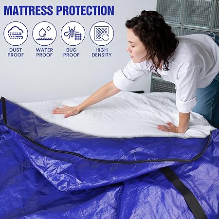 Mattress Bags for Moving - Extra Thick  Durable Queen Mattress Cover for Moving - Reusable Waterproof Tarp Mattress Protector with Heavy Duty Handles (82x62x15 Queen Size)