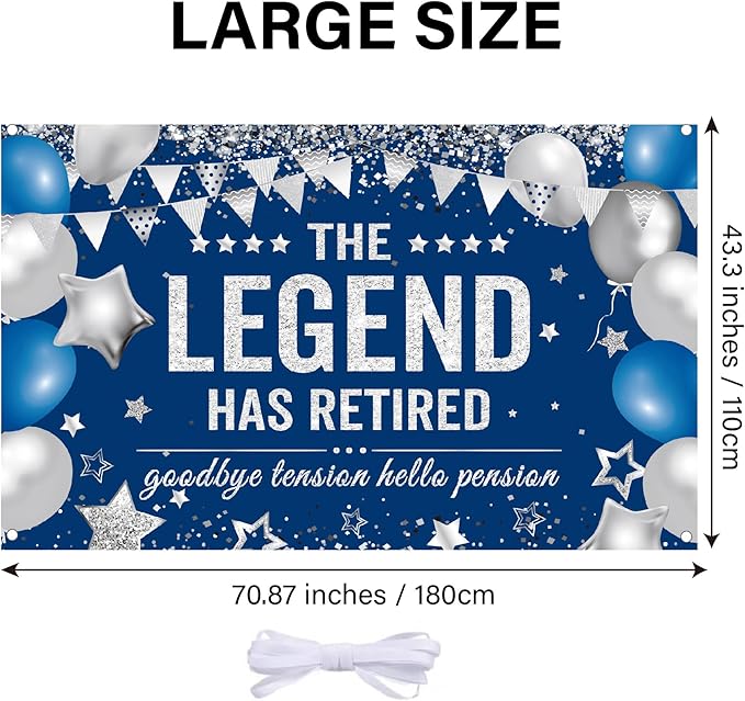 Retirement Banner Party Decortions The Legend Has Retired Banner Decor for Men Woman Coworker, Blue Silver Farewell Send-Off Backdrop Retirement Party Supplies