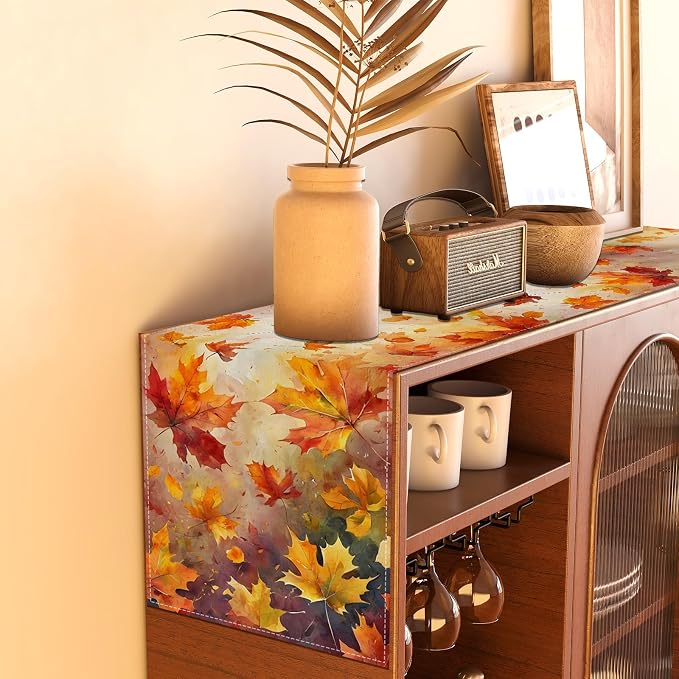 Maple Leaves Fall Table Runner,Autumn Thanksgiving Harvest Festival Farmhouse Decorations and Supplies for Home Kitchen Dining Room Table-13×72''