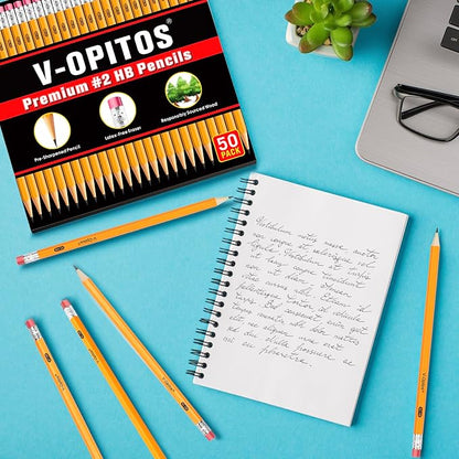 V-Opitos Wood-Cased 2 HB Pencils, 50 Pack Pre-Sharpened Pencils with Top Erasers, Bulk Yellow Pencils for School Teacher Supplies, Writing, Drawing and Sketching