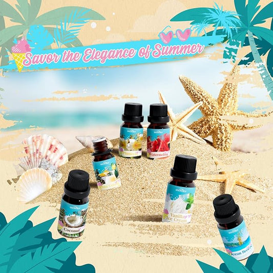 Summer Essential Oil Set of 6 Premium Fragrance Oils - Includes Watermelon, Coconut, Ocean Breeze, Plumeria, Vanilla Ice Cream & Pina Colada Diffuser Oils, Candle Making Scents