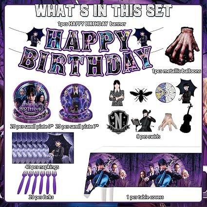 111Pcs Happy Birthday Decorations Tableware Set for 20 Guests, includes Banner, Hanging Swirls, Foil Balloon, Plates, Napkins, Fork, Tablecloth, Birthday Party Supplies