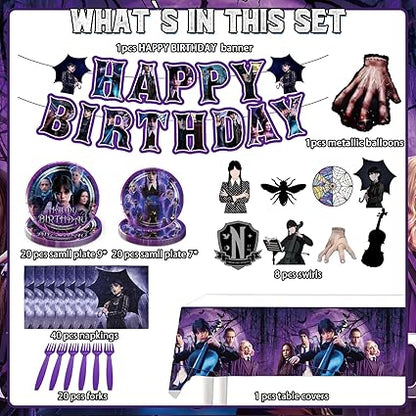 111Pcs Happy Birthday Decorations Tableware Set for 20 Guests, includes Banner, Hanging Swirls, Foil Balloon, Plates, Napkins, Fork, Tablecloth, Birthday Party Supplies