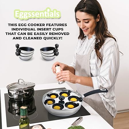Eggssentials Egg Poacher Pan Nonstick Poached Egg Maker, Stainless Steel Egg Poaching Pan, Poached Eggs Cooker Food Grade Safe PFOA Free with Spatula, Egg Poachers Cookware