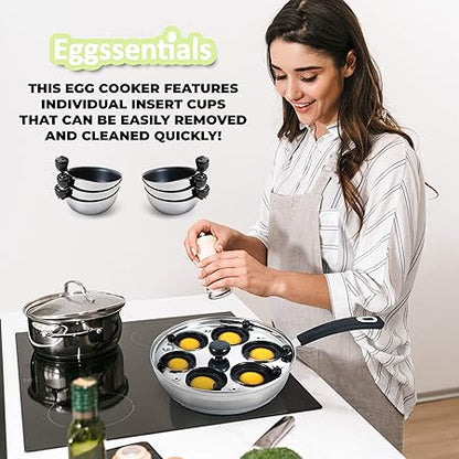 Eggssentials Egg Poacher Pan Nonstick Poached Egg Maker, Stainless Steel Egg Poaching Pan, Poached Eggs Cooker Food Grade Safe PFOA Free with Spatula, Egg Poachers Cookware